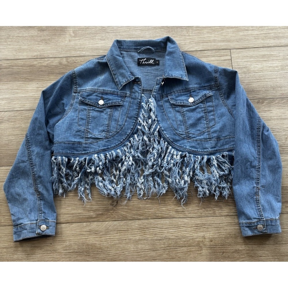 Thrill Jeans Cropped Fringe Denim Jacket Distressed 1X Boho Festival Western